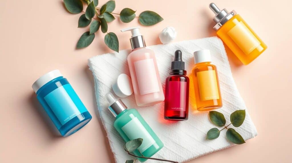 Flat lay of gentle drugstore skincare products including cleansers, bottles, and cotton pads on a soft towel with eucalyptus leaves, pastel background, and elegant lighting – featured image for a blog post about the best drugstore cleansers for sensitive skin in 2025.