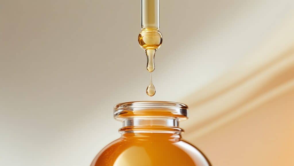 A close up shot of serum dropper applying Vitamin C
