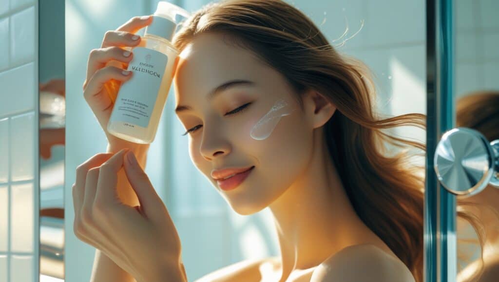 Show a person using a mild cleanser with a clean bright bathroom setup